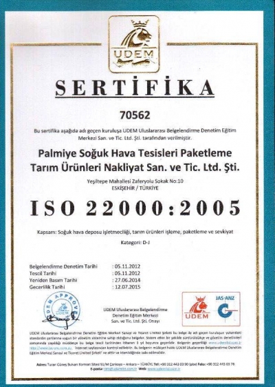 İSO 22000:2005 Sertifikamız